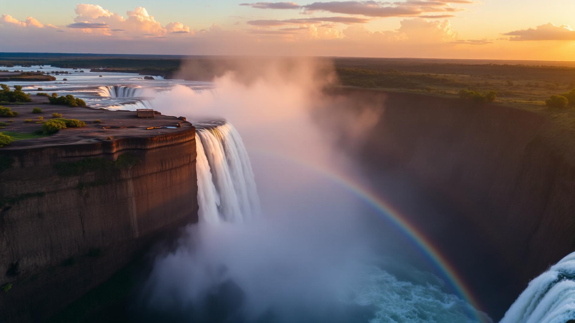 Aerial view of Victoria Falls at sunrise, mist rising over the Zambezi gorge