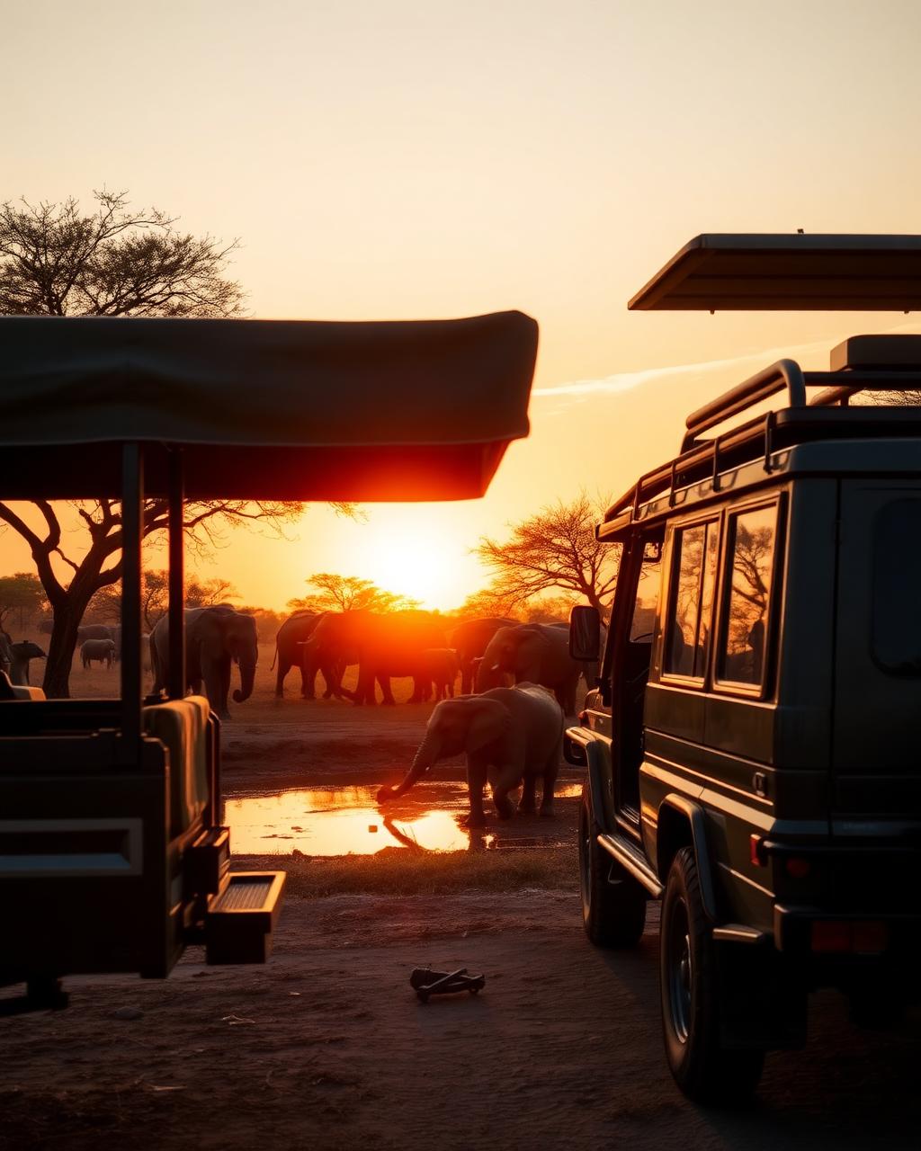 Luxury open safari vehicle at a Zimbabwean watering hole at sunset